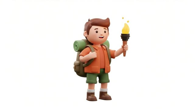 Cartoon 3 d boy scout character holding torch and wearing backpack for adventure