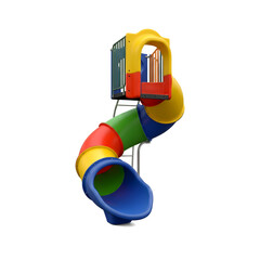 Colorful children's playground slide with a spiral design. The slide features multiple colors including red, yellow, green, and blue. It is designed for outdoor play.