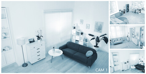 CCTV system. Surveillance camera views from different rooms, collage