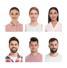 Photos of different people for passport or other identification document on white background, set