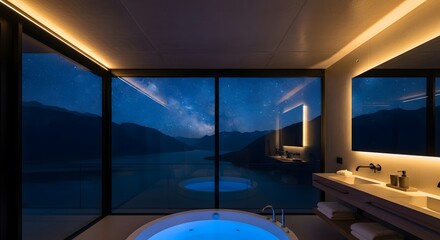Modern Bathroom with Bathtub Glowing Blue Overlooking Night Sky