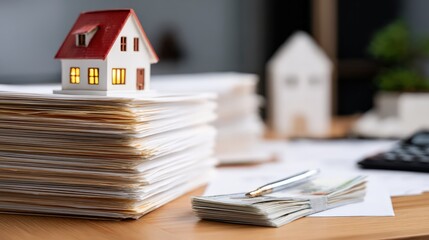 Model house on stack of documents with money and calculator in office