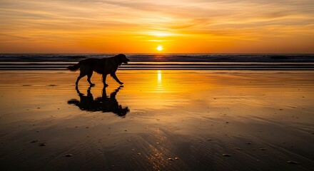 Silhouette Dog Walking on Wet Sand Beach at Golden Sunset