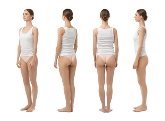 Young woman in underwear on white background, collage. View from different sides