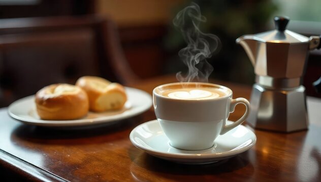 A steaming cup of coffee sits on a polished mahogany table, beside a silver coffee pot and elegant pastries, embodying refined indulgence , treats, coffeepot