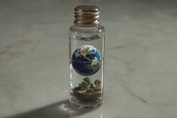 Miniature Earth and forest preserved inside glass bottle