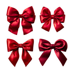 Red satin bows in four styles, isolated on transparent background