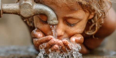 Child drinking water from tap with hands in rural setting