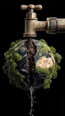 Faucet draining cracked planet Earth with flowing water on black background
