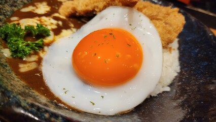 Delicious Japanese Curry Rice with Fried Chicken and Egg Yolk