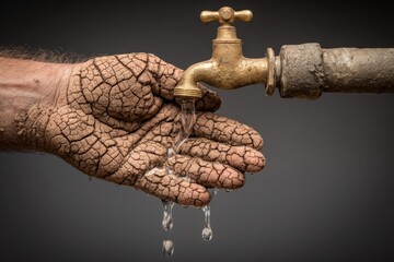 Dry cracked hand catching water from a rusty faucet on grey background