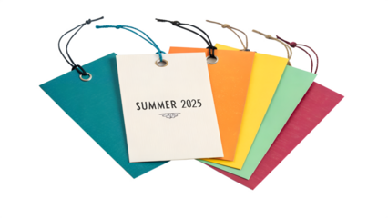Colorful tags with a transparent background, featuring a white tag labeled 'SUMMER 2025' among vibrant shades of teal, orange, yellow, green, and pink.