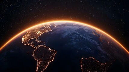 Obraz premium A breathtaking view of Earth from space, showcasing the Americas bathed in the warm glow of a rising sun, contrasting against the dark expanse of the ocean and the star-studded backdrop of space.