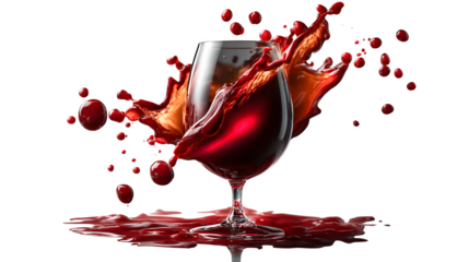 Red wine splashing mid-air, droplets flying outward, isolated on transparent background
