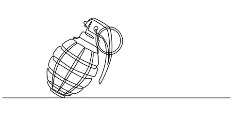 Continuous single line drawing of grenades isolated on white background. The equipment for war. Army weapon concept, Continuous one line drawing of hand grenade. equipment minimalism design. vector. 