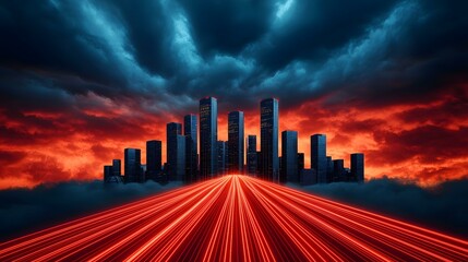 Fototapeta premium A futuristic cityscape sits atop a sea of clouds, with a radiant red highway of light streaks converging towards it under a dramatic, stormy sky.