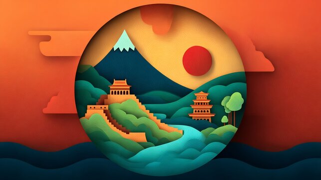 Heritage Exchange Mandala map of Asia blending Great Wall motifs silhouettes intercultural dialogue unity in diversity abstract concept vector art