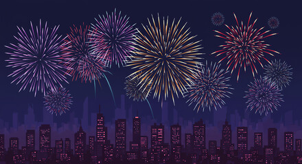 Obraz premium Fireworks over city skyline at night