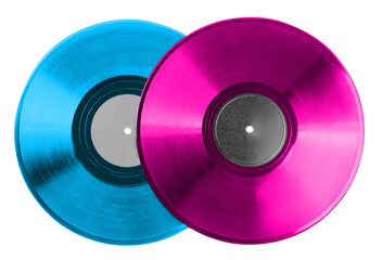 Two color vinyl records on white background