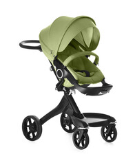 Baby carriage. Modern pram with olive color canopy isolated on white