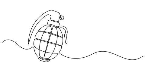 Continuous single line drawing of grenades isolated on white background. The equipment for war. Army weapon concept, Continuous one line drawing of hand grenade. equipment minimalism design. vector. 