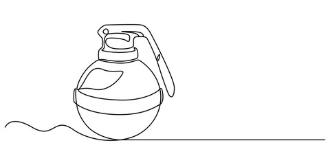 Continuous single line drawing of grenades isolated on white background. The equipment for war. Army weapon concept, Continuous one line drawing of hand grenade. equipment minimalism design. vector. 