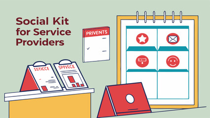 Illustration of a desk with social kit materials including a calendar and information cards displayed