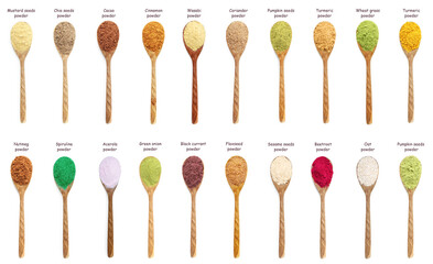 Superfoods. Different powders in spoons and names on white background, set. Top view