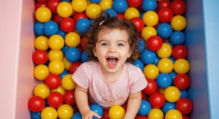 Fototapeta na wymiar A joyful toddler girl immersed in a colorful ball pit