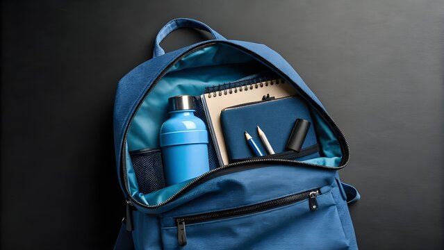 Backpack ready for new adventures with journal water bottle and pens against dark backdrop with bright soft focused