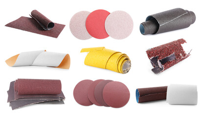 Different types of sandpaper on white background, collage