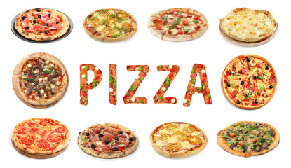 Different delicious pizzas and word on white background