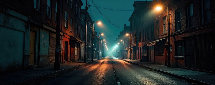 Gritty urban scene depicting a desolate street at night, illuminated by flickering streetlights and casting long shadows, suggesting a sense of danger and impending conflict , fight, drama