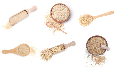 Oat bran, whole grains and rolled flakes isolated on white, set