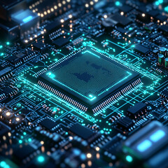 Glowing Circuit Board with Central Processing Unit