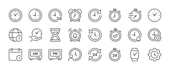 Time and clock line icons set. Outline web icons. Editable stroke