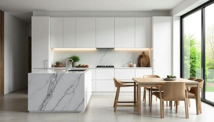 Modern kitchen boasts sleek white cabinets and a spacious countertop, ideal for food preparation and casual dining Granite, marble, or quartz countertop options add luxury , kitchen storage, cooking