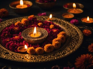 Diwali Celebration: Oil Lamps and Fresh Flowers on a Golden Decorated Tray