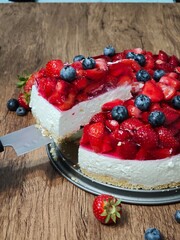 Strawberry cake with fruit jelly on a shortcrust pastry base