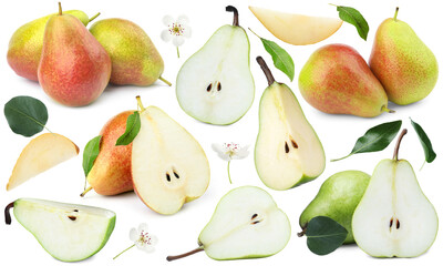 Fresh pears and green leaves on white background, collage
