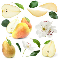 Fresh pears and green leaves on white background, collage
