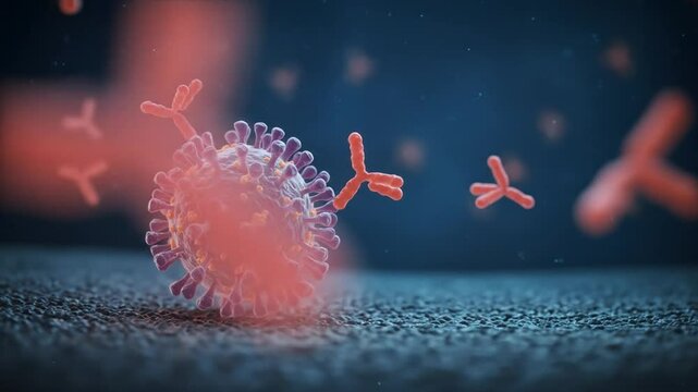 Realistic 3D Animation of virus Particle with Spike Proteins Being Targeted by Y-Shaped Antibodies &ndash; Immune System Response Microscopic Visualization in High Detail