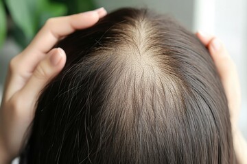 Fototapeta premium Damaged hair symptom, problem hair fall asian young woman, girl worry about balding, looking at scalp in mirror, hand in break into front hair loss, thin problem. Health care treatment