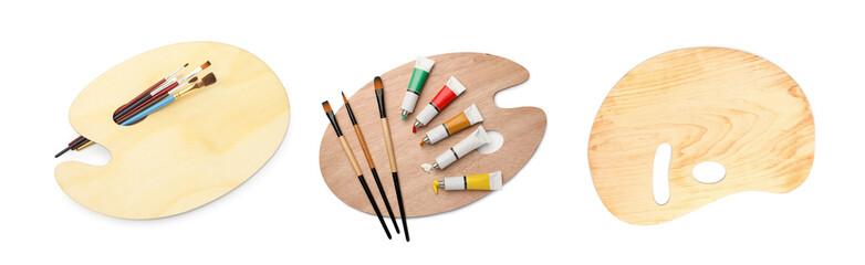 Wooden palettes with paints and brushes isolated on white, collage