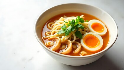 Ramen soup with chicken, egg, noodles, and toppings isolated on white, created with generative ai