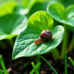 Snail on leaf: close-up of shell details amidst lush green foliage.