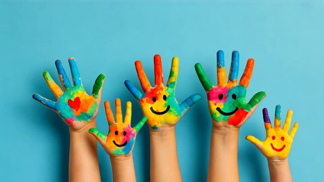 Colorful hands raised and decorated with smiling faces, playful happy emotion concept, creative fun idea showing positivity and joy in bright colors