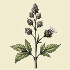Fototapeta premium Botanical illustration of berry and white flowering plant with green leaves.