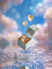 Floating cosmetic beauty package with heart elements in serene water environment