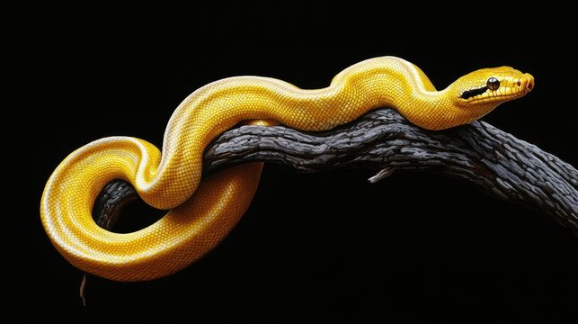 Yellow tree python snake on branch, snake on branch, reptiles closeup